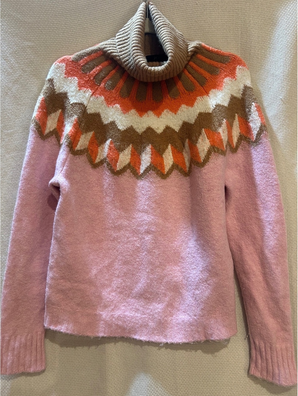 J.Crew Medium Pink Turtleneck Sweater with Multicolor Geometric Pattern